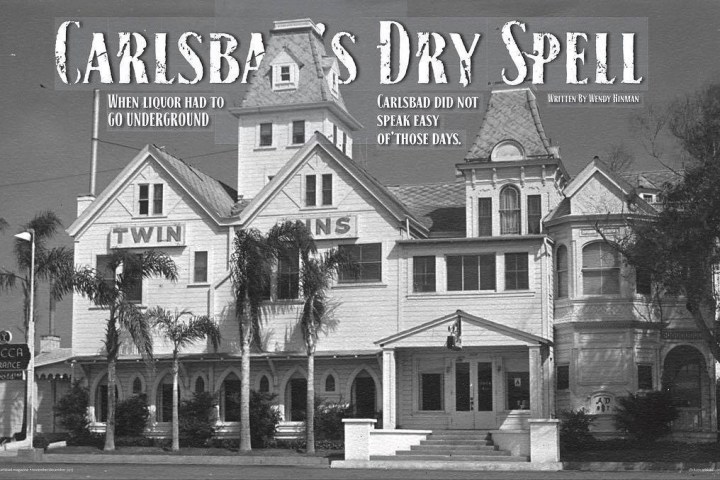 Vintage photo of a large historic building with palm trees, labeled 'Twin Inns.' Text mentions Carlsbad's Dry Spell.