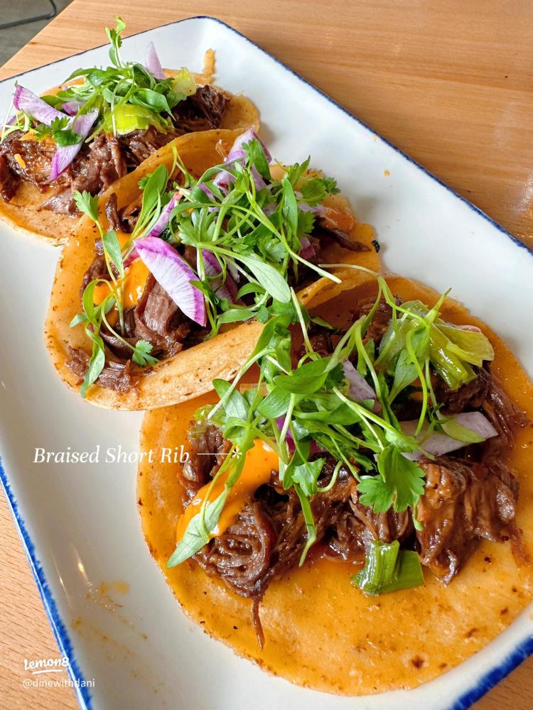 Three braised short rib tacos on a plate, topped with greens and red onion.