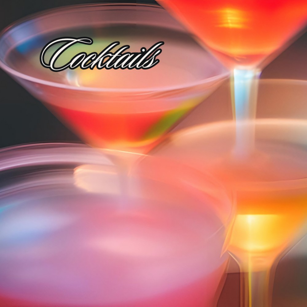 Blurred colorful cocktails in glasses with 'Cocktails' text overlay.