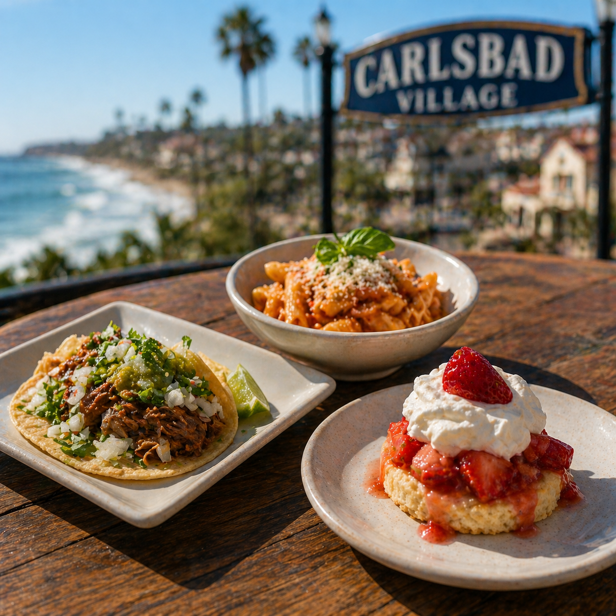 Three dishes on a table overlooking a coastal view with a 'Carlsbad Village' sign.