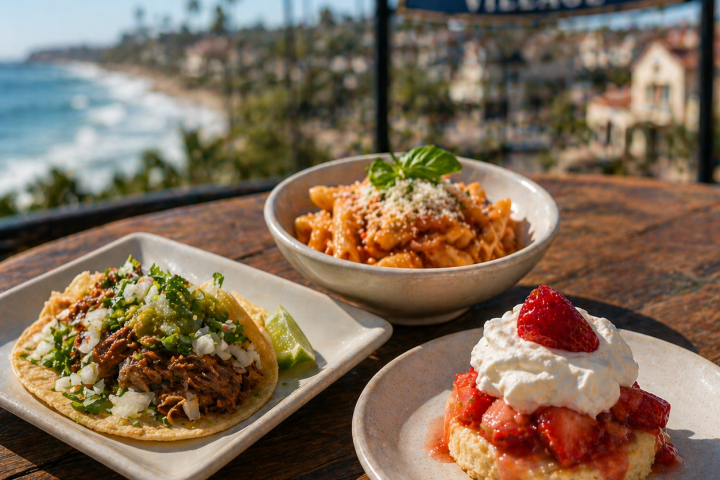 Three dishes on a table overlooking a coastal view with a 'Carlsbad Village' sign.