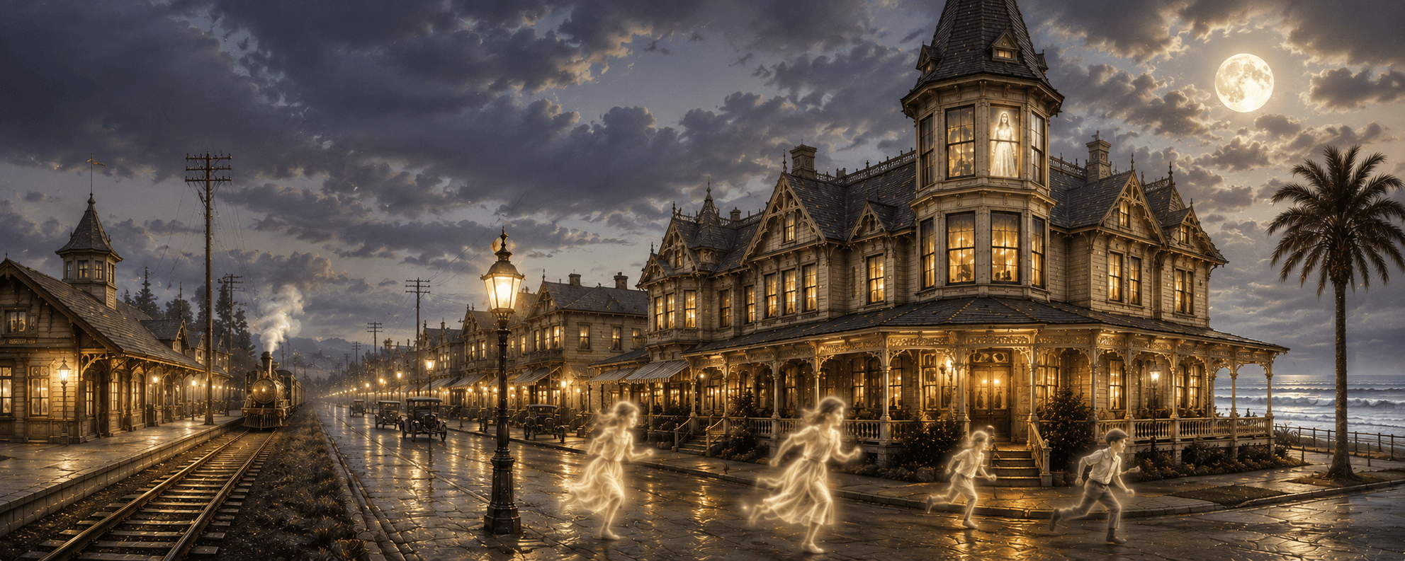 Victorian train station at night with ghostly figures and a full moon.