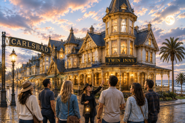 A group of people admire historic, illuminated Victorian buildings at sunset.