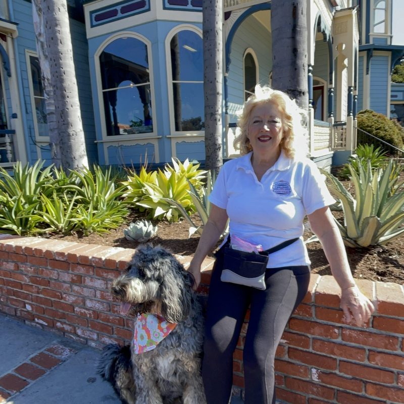a person and a dog on a leash in front of a building