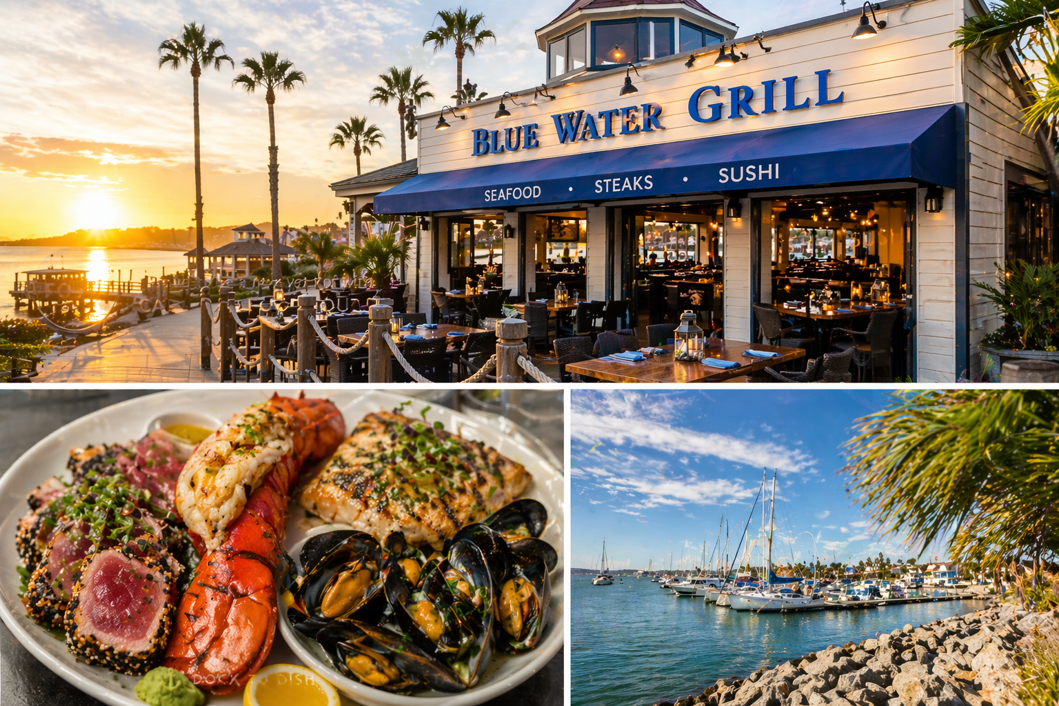 Blue Water Grill by water, with sunset, seafood platter, and marina view.
