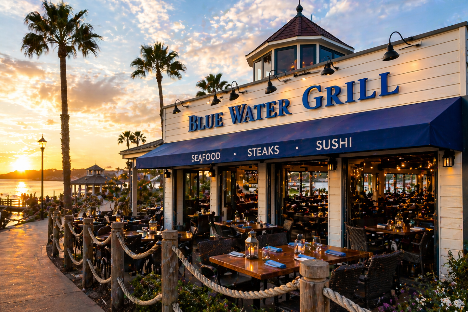 Outdoor view of Blue Water Grill restaurant at sunset, with palm trees and marina backdrop.