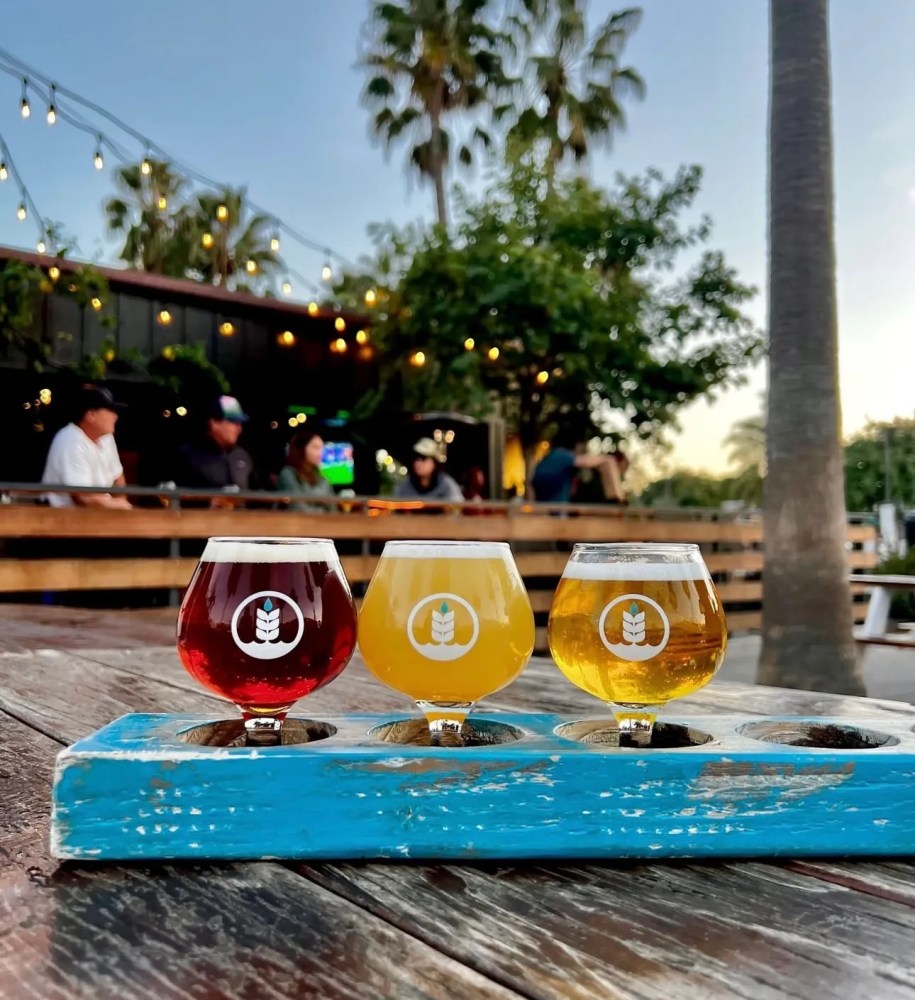 Three glasses of beer on a wooden table, outdoor setting with string lights.
