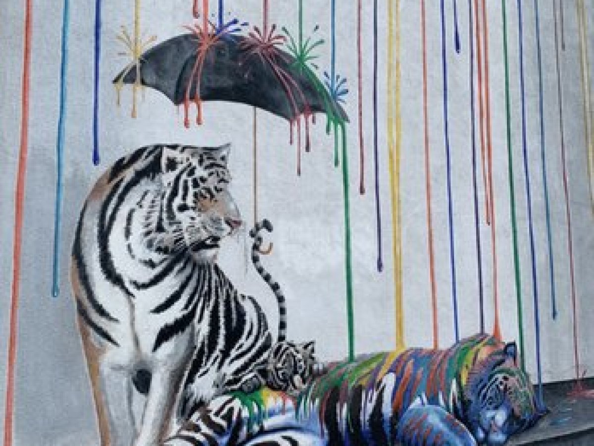 a group of zebra standing next to a painting