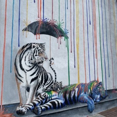 a group of zebra standing next to a painting