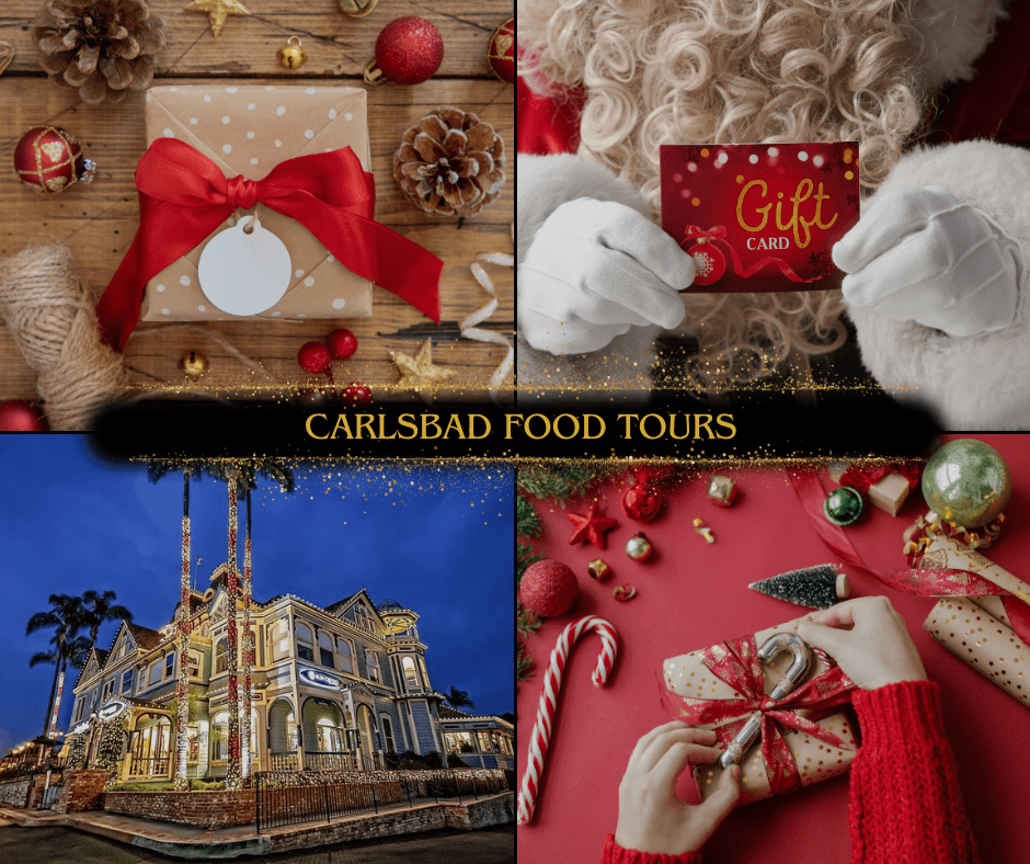 Carlsbad Food Tours Gift Certificate Before we dive in, let’s begin with the ultimate taste of Carlsbad gift: a gift certificate to Carlsbad Food Tours! Treat your loved ones to a slice of Carlsbad’s culture and a taste of its incredible food scene on a guided walking tour through the city’s charming coastal neighborhoods. With a gift certificate to Carlsbad Food Tours, you’re giving so much more than just a fun outing. Each tour dives deep into Carlsbad’s rich history and vibrant culinary scene, exploring the stories, flavors, and people that make this beach town truly special. As a locally owned company, Carlsbad Food Tours is passionate about supporting other small, locally owned businesses. Many of the stops along the way include beloved eateries, family-owned restaurants, and hidden gems—each one dedicated to showcasing the best of Carlsbad. Gift certificates are available in a convenient digital version for instant delivery perfect for creating that unforgettable “big reveal” moment. Give the gift of a delicious and memorable experience with Carlsbad Food Tours!