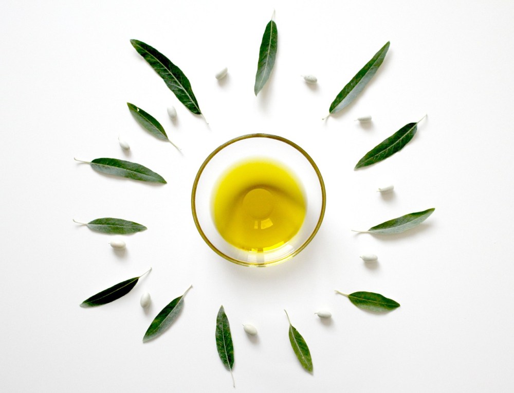 Bowl of olive oil surrounded by olive leaves and olive buds in a circular pattern on white background.