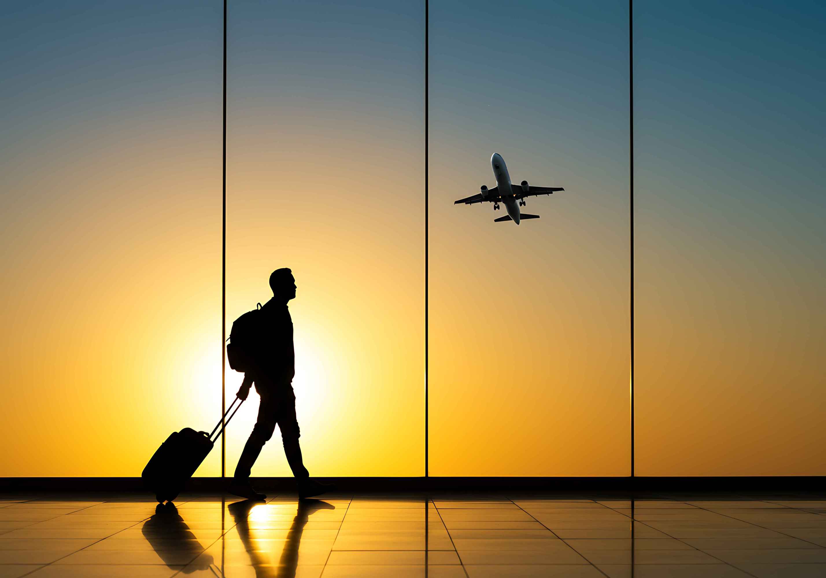 Silhouette of traveler with luggage at airport, plane takes off at sunset.