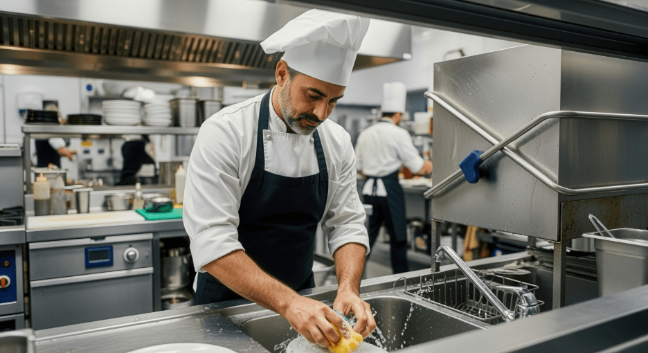 Chef washing dishes in a commercial kitchen with a sponge and running water.