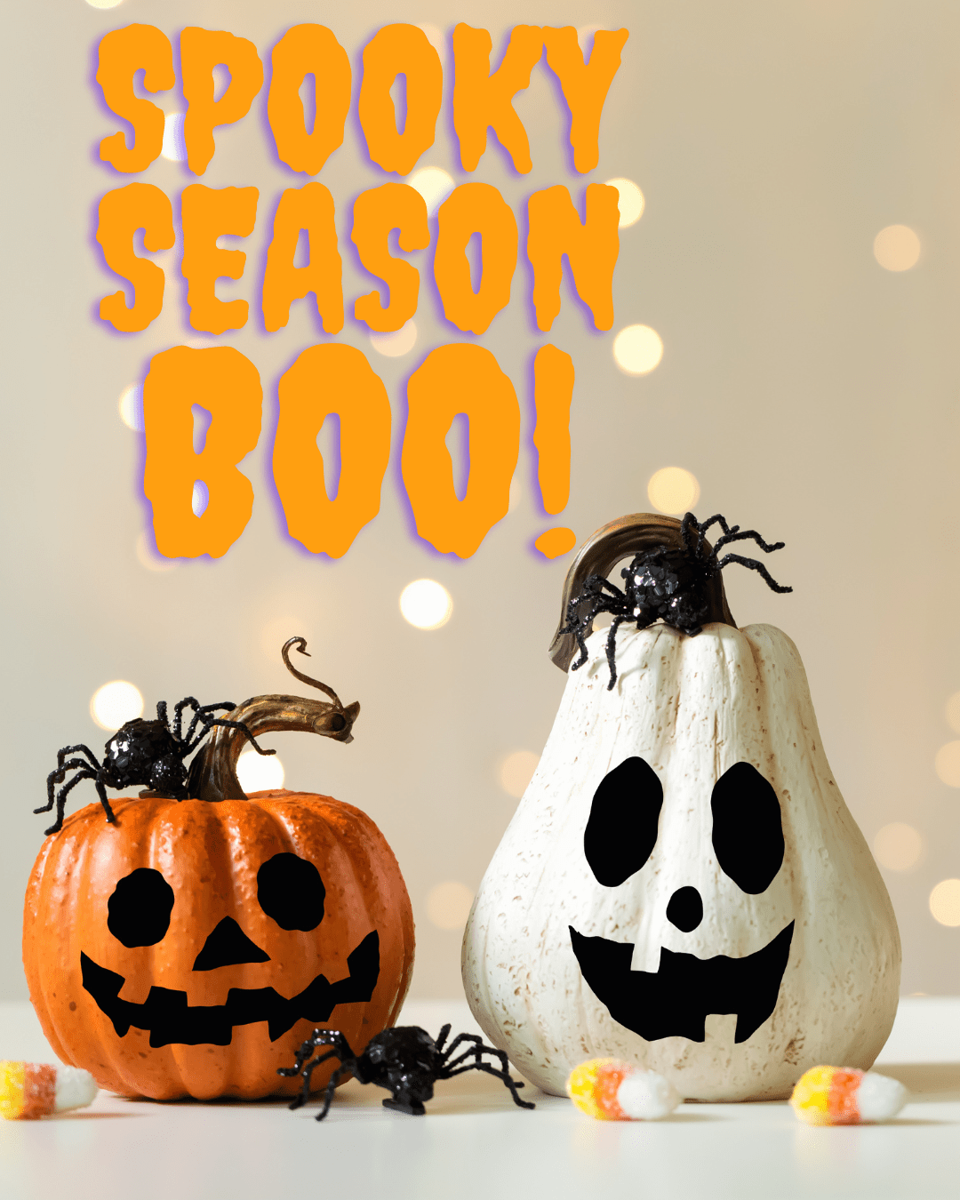 Two pumpkins with spooky faces, candy corn, spiders, and 'Spooky Season Boo!' text above.
