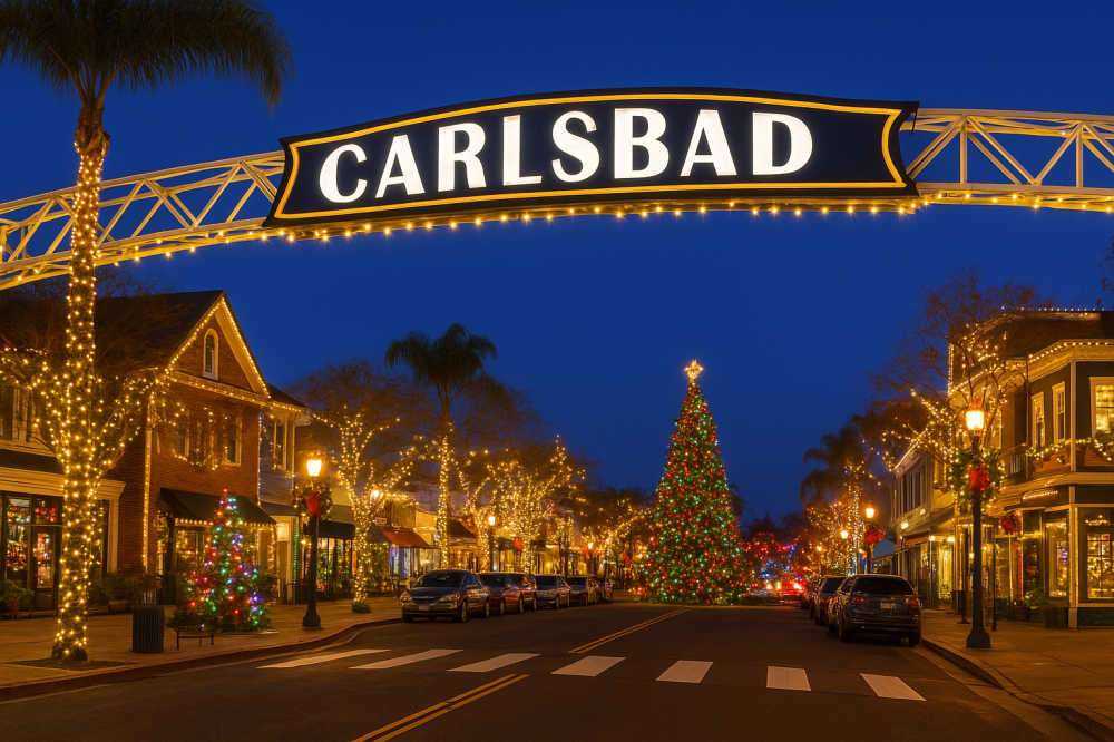 Festive street with Christmas lights and a 'Carlsbad' sign overhead at dusk.