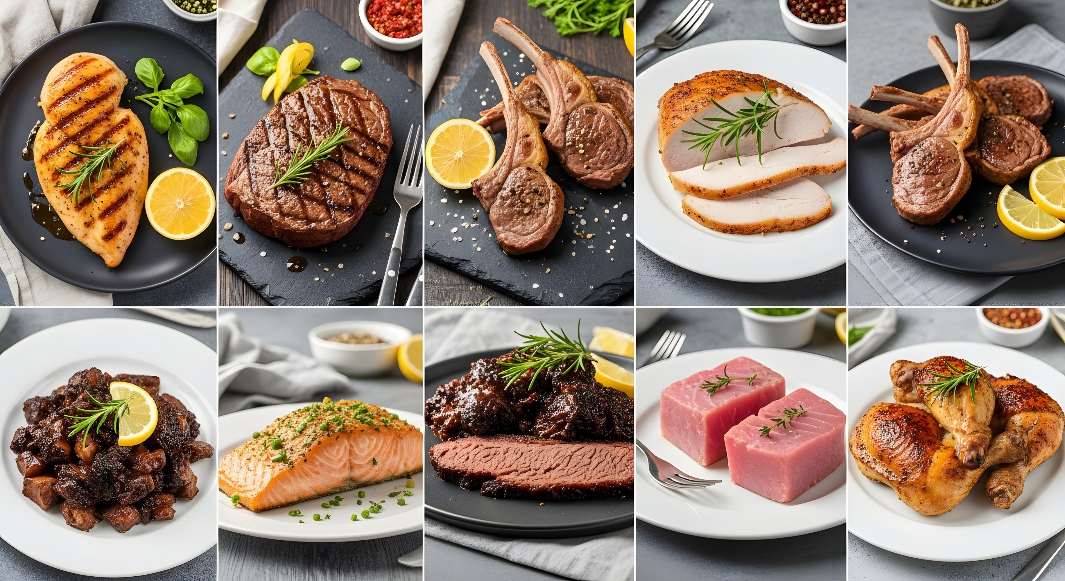 Ten different cooked meat dishes arranged in a grid.