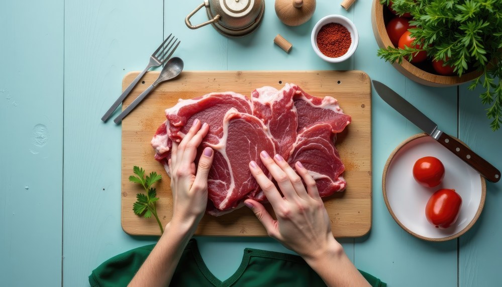 Hands preparing raw meat on a cutting board with tomatoes and herbs nearby.