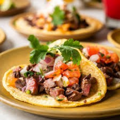Taco with meat, diced onions, tomatoes, and cilantro on a plate.