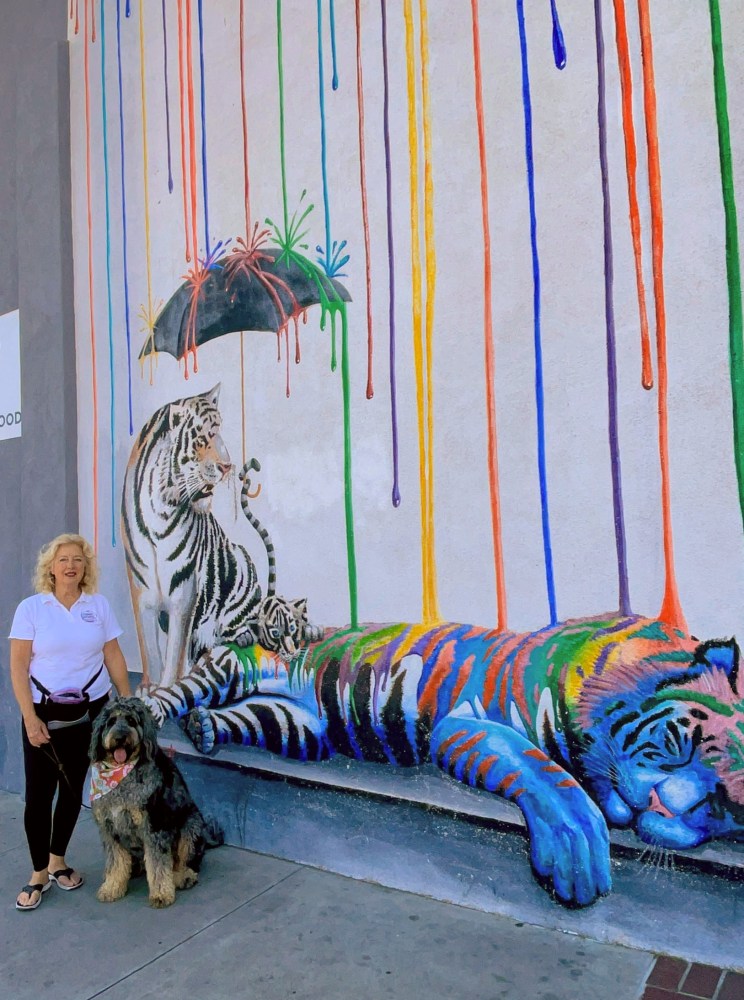 Person with dog beside a colorful tiger mural with rainbow paint drips on a wall.