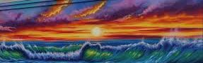 Vibrant mural of a sunset over ocean waves on a building wall.