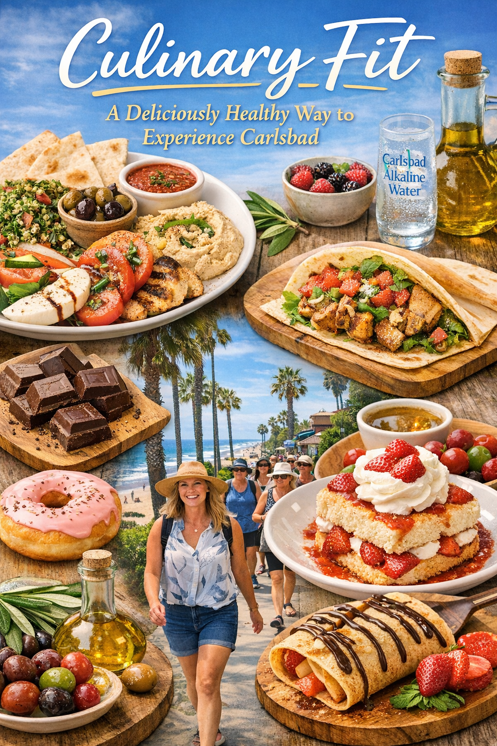 Collage of healthy dishes and a woman walking by palm trees.