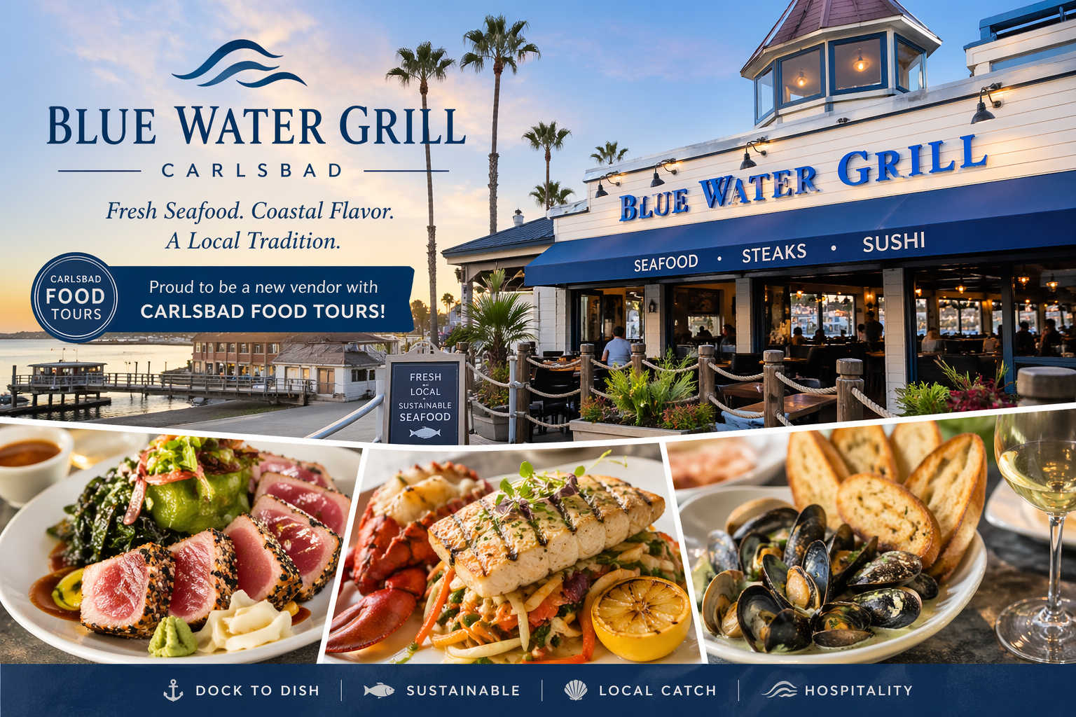 Blue Water Grill restaurant with seafood dishes and outdoor seating view.