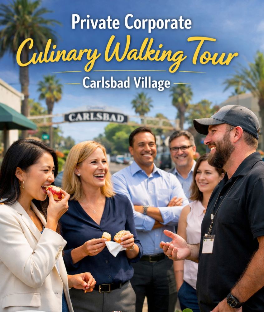 Smiling group enjoys pastries on a culinary tour with palm trees in the background.