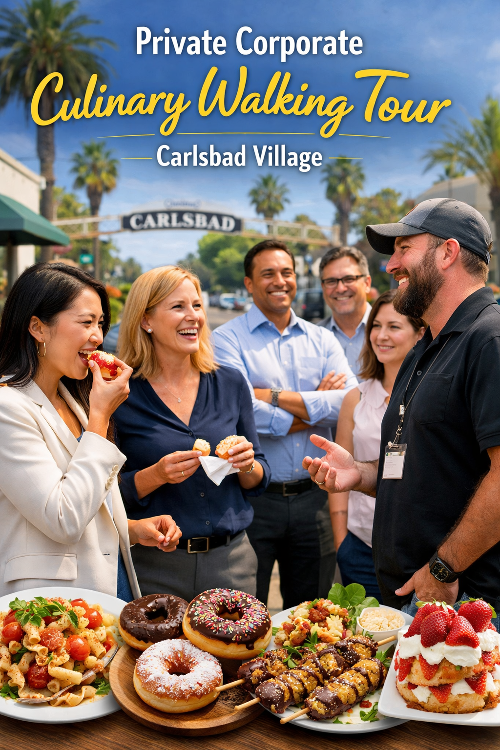 Group enjoying food with chef outdoors under 'Culinary Walking Tour' sign.