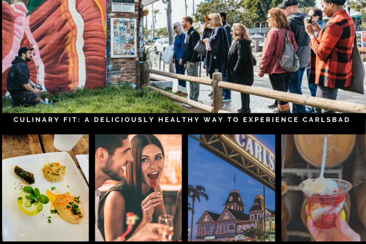 Collage: food, group tour, a couple dining, historic site, drink with cherry, labeled 'Carlsbad Food Tours'.