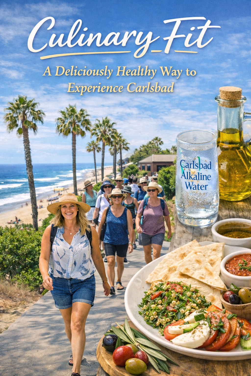 People walking by beach with food, water, and olive oil in foreground. Culinary Fit - Carlsbad Walking Food Tour
