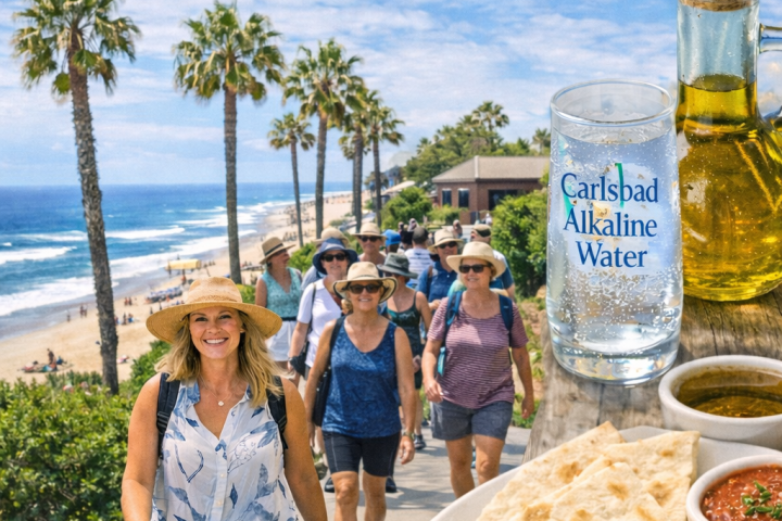 People walking by beach with food, water, and olive oil in foreground. Culinary Fit - Carlsbad Walking Food Tour