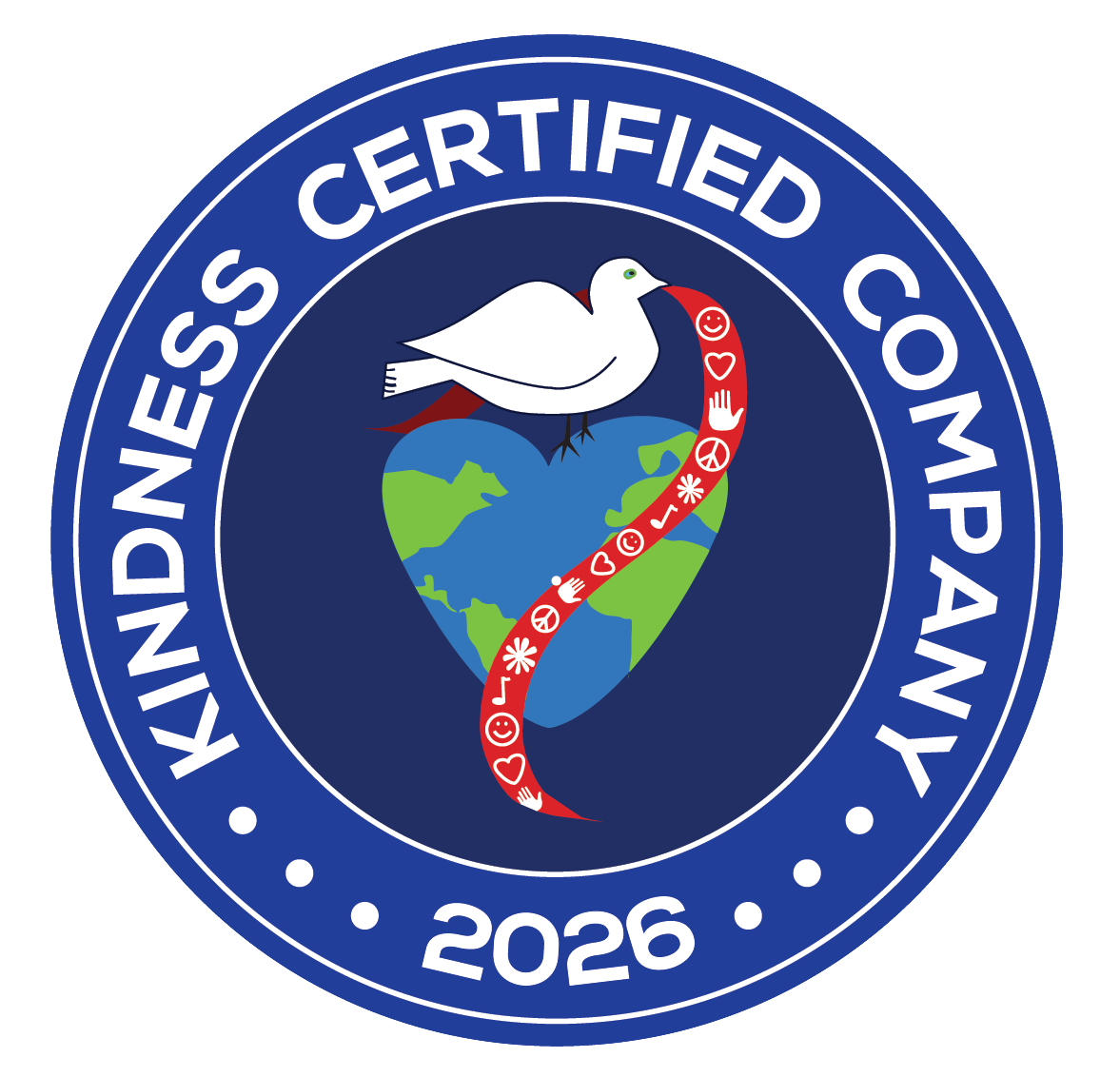 Kindness Certified Company 2026 badge with dove and heart-shaped globe.