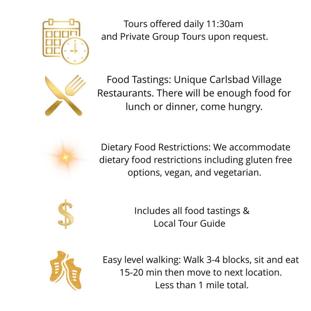 Tour info with icons: clock, utensils, sun, dollar sign, shoes.