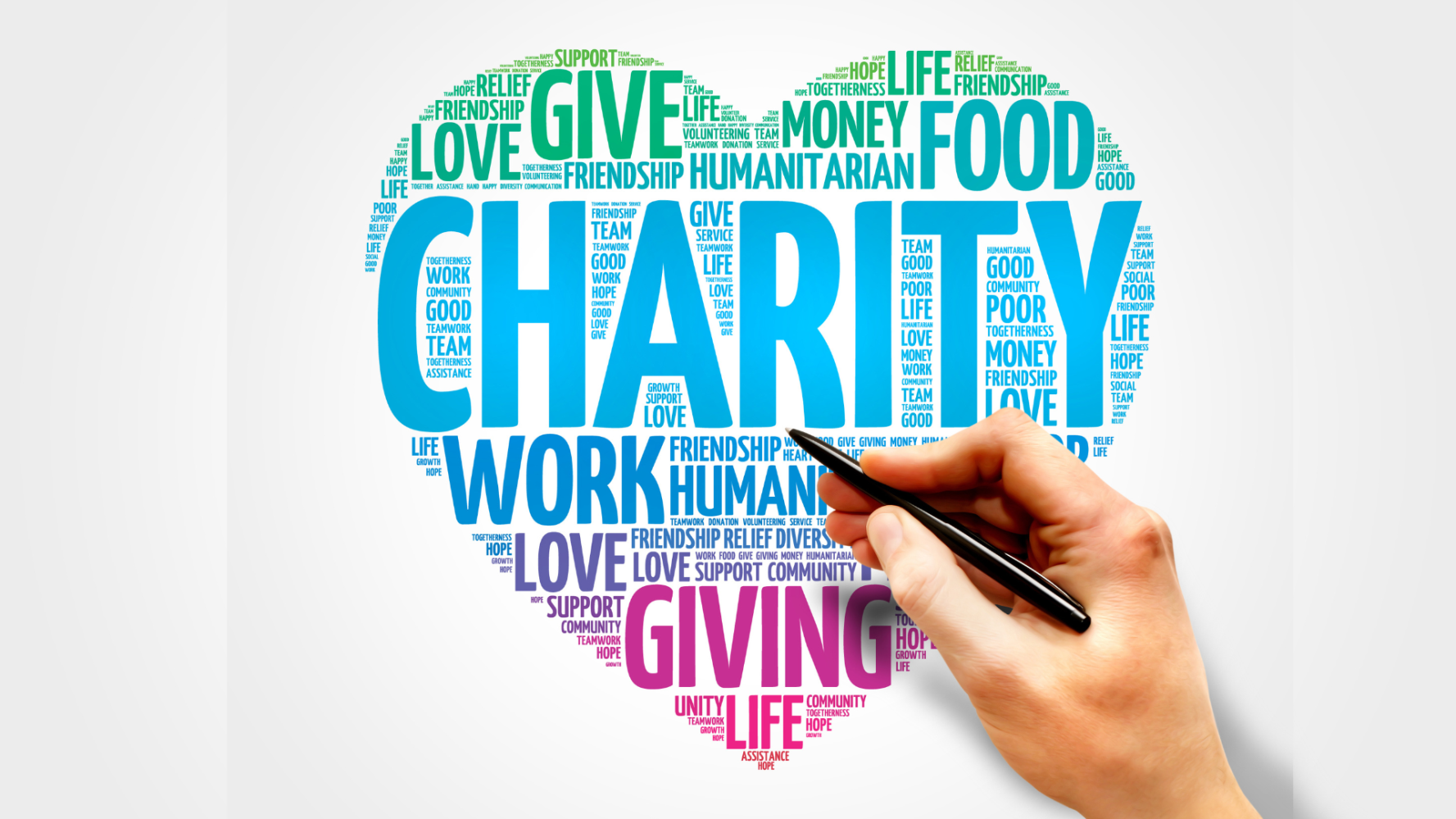 Word cloud in heart shape with 'CHARITY' in center, words like 'GIVE', 'FRIENDSHIP', and 'HUMANITARIAN' surrounding.