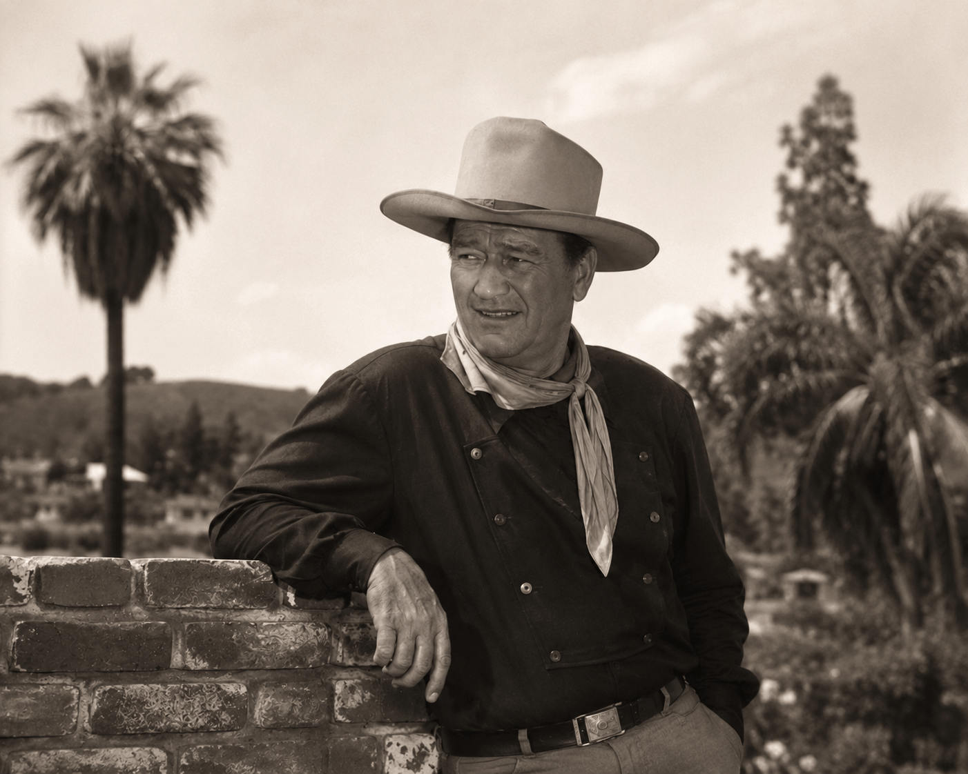 Man in cowboy hat leans on brick wall with palm trees in background.