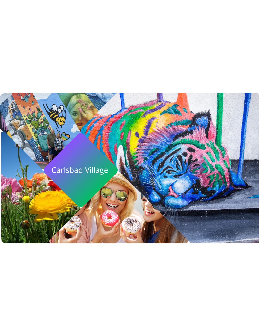 Vibrant collage with art, flowers, and people enjoying donuts.