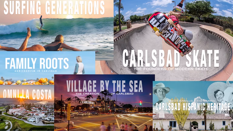 Collage of surfing, skating, cityscape, and heritage in Carlsbad.