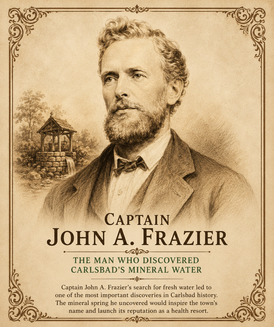 Sepia-toned portrait of Captain John A. Frazier with a caption about mineral water discovery.
