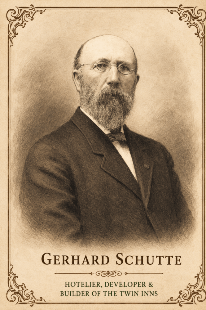Vintage portrait of a man in a suit with a beard, titled 'Gerhard Schutte' with additional text below.