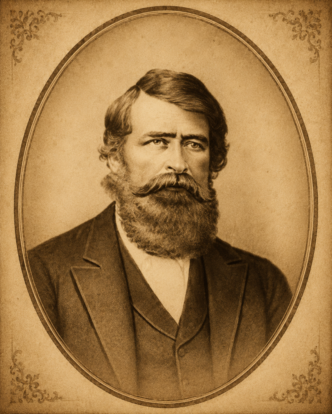 Sepia-toned portrait of a bearded man in an oval frame.