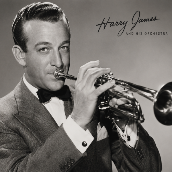 Man in suit playing trumpet, text: 'Harry James and His Orchestra'.