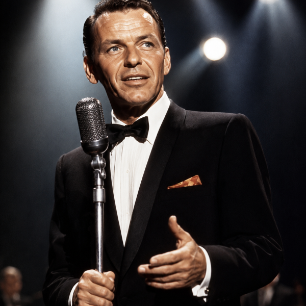 Man in tuxedo singing on stage with vintage microphone and spotlight.