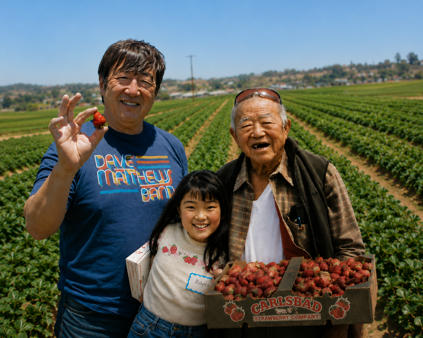Three people holding strawberries in a green field.