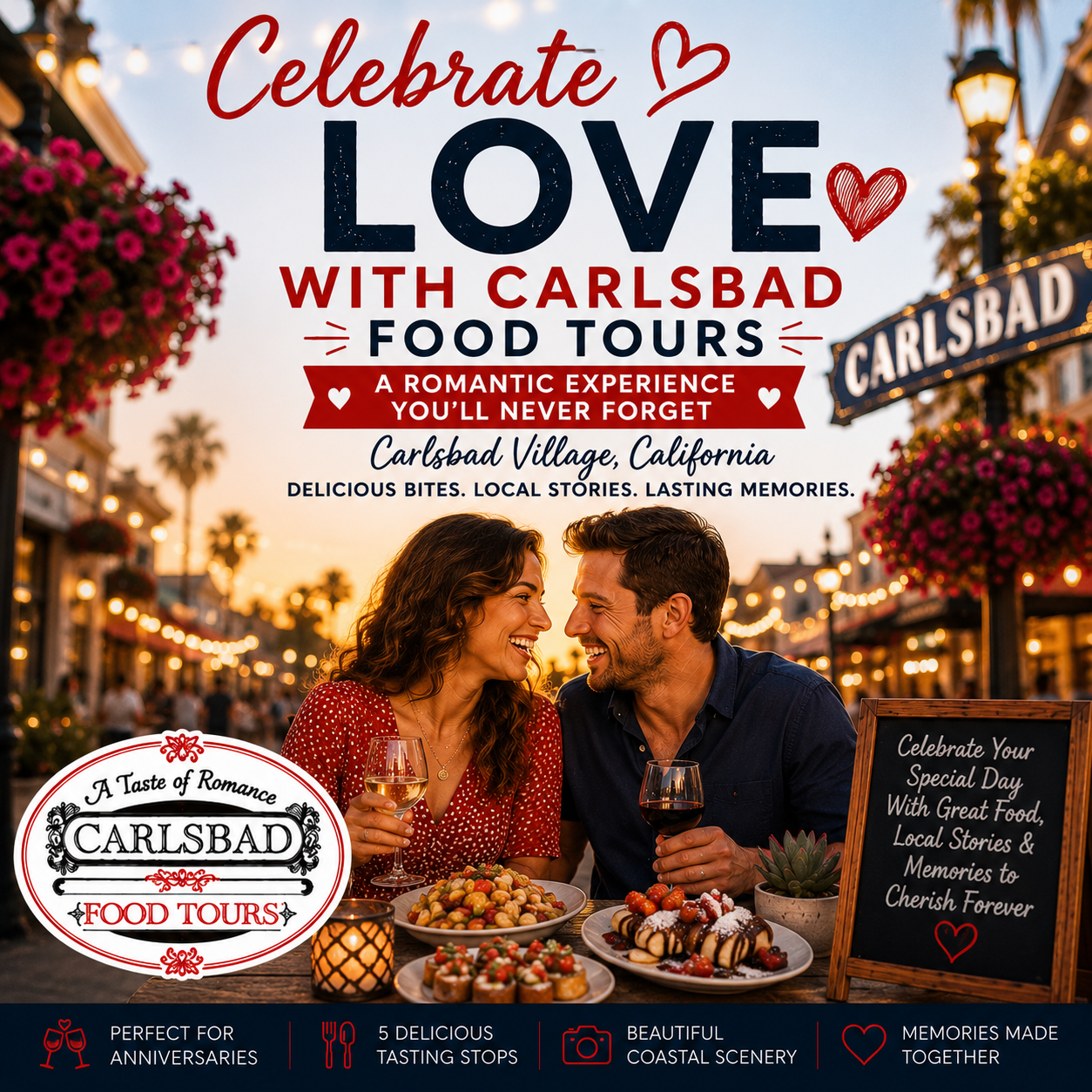 Couple dining outdoors with Carlsbad Food Tours sign and romantic decor.