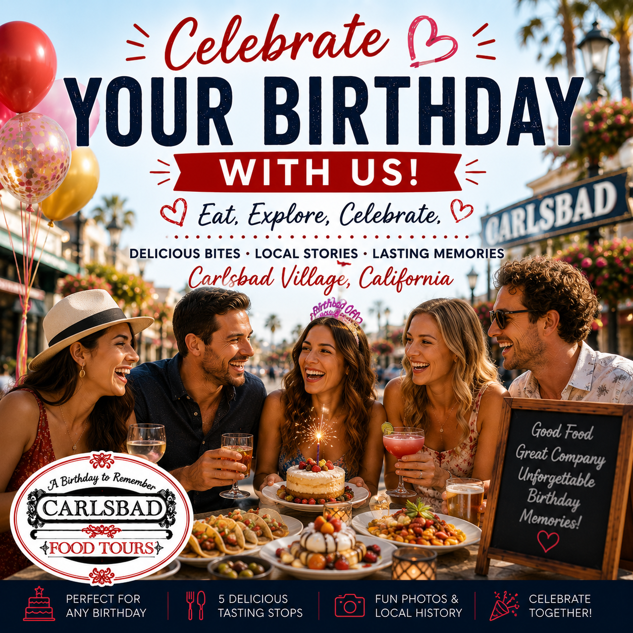 Five people smiling around a table with a birthday theme, Carlsbad Food Tours banner.