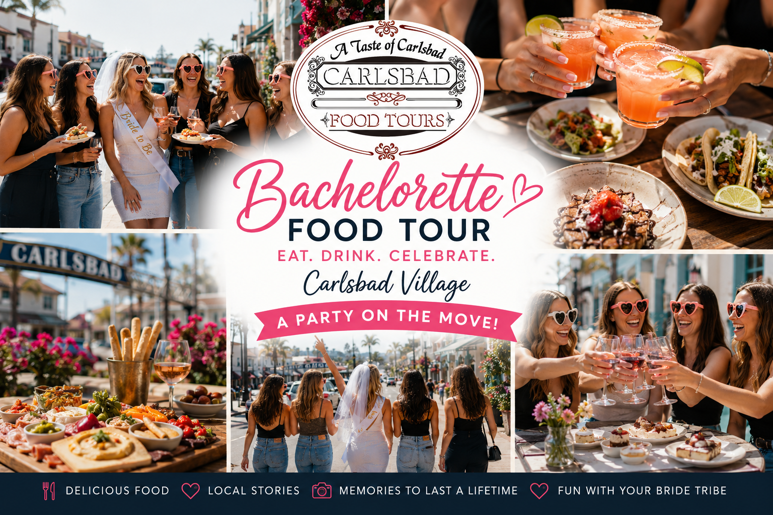 Collage of women enjoying a bachelorette food tour with drinks and hors d'oeuvres.