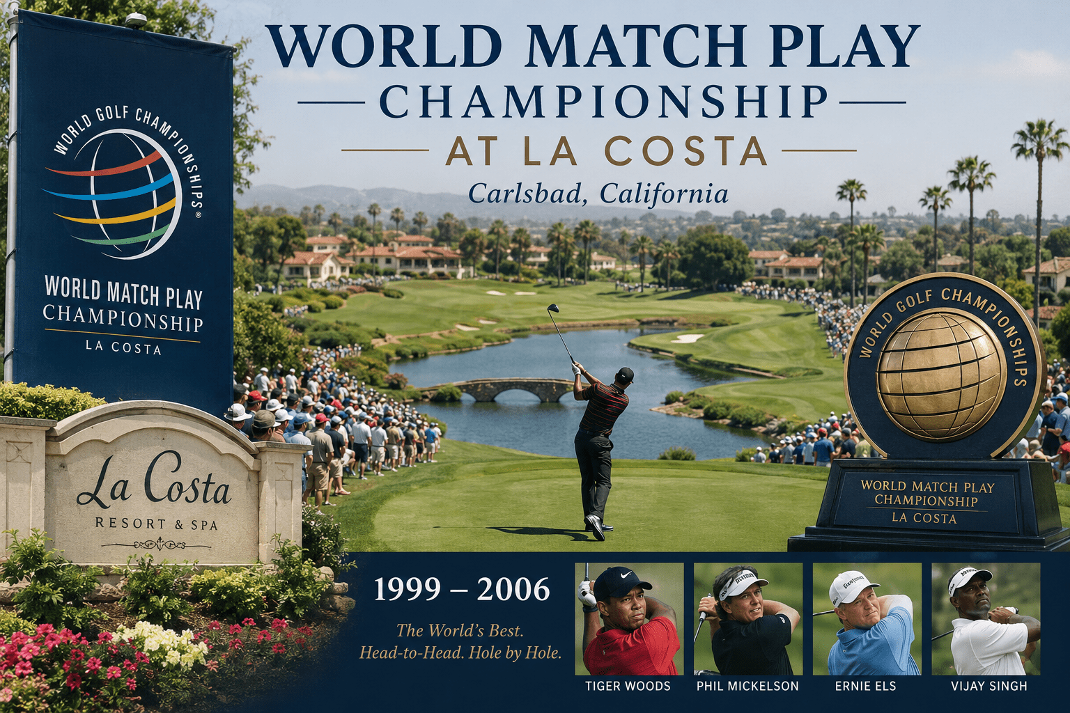 Golfer swings at World Match Play Championship with player photos and event details.