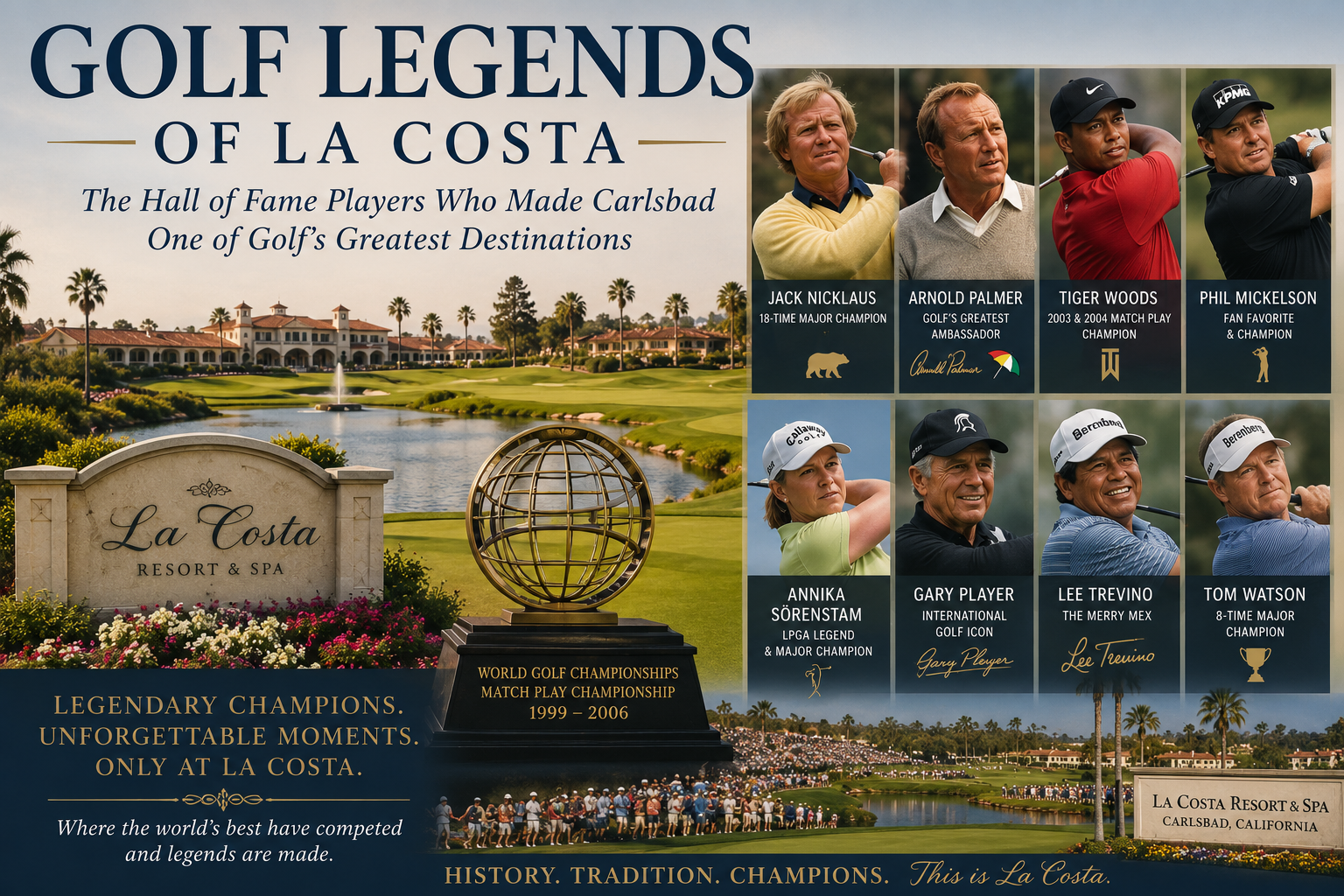 Poster of golf legends at La Costa with photos and a trophy image.