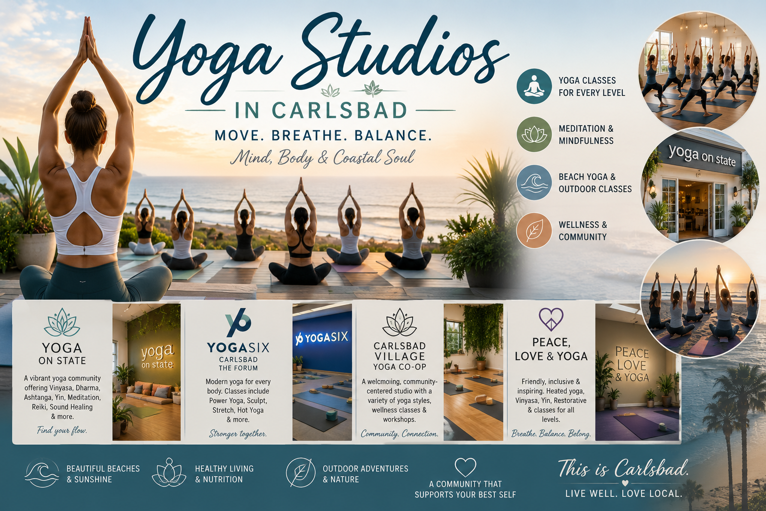 Collage promoting yoga studios in Carlsbad with scenic views and class images.