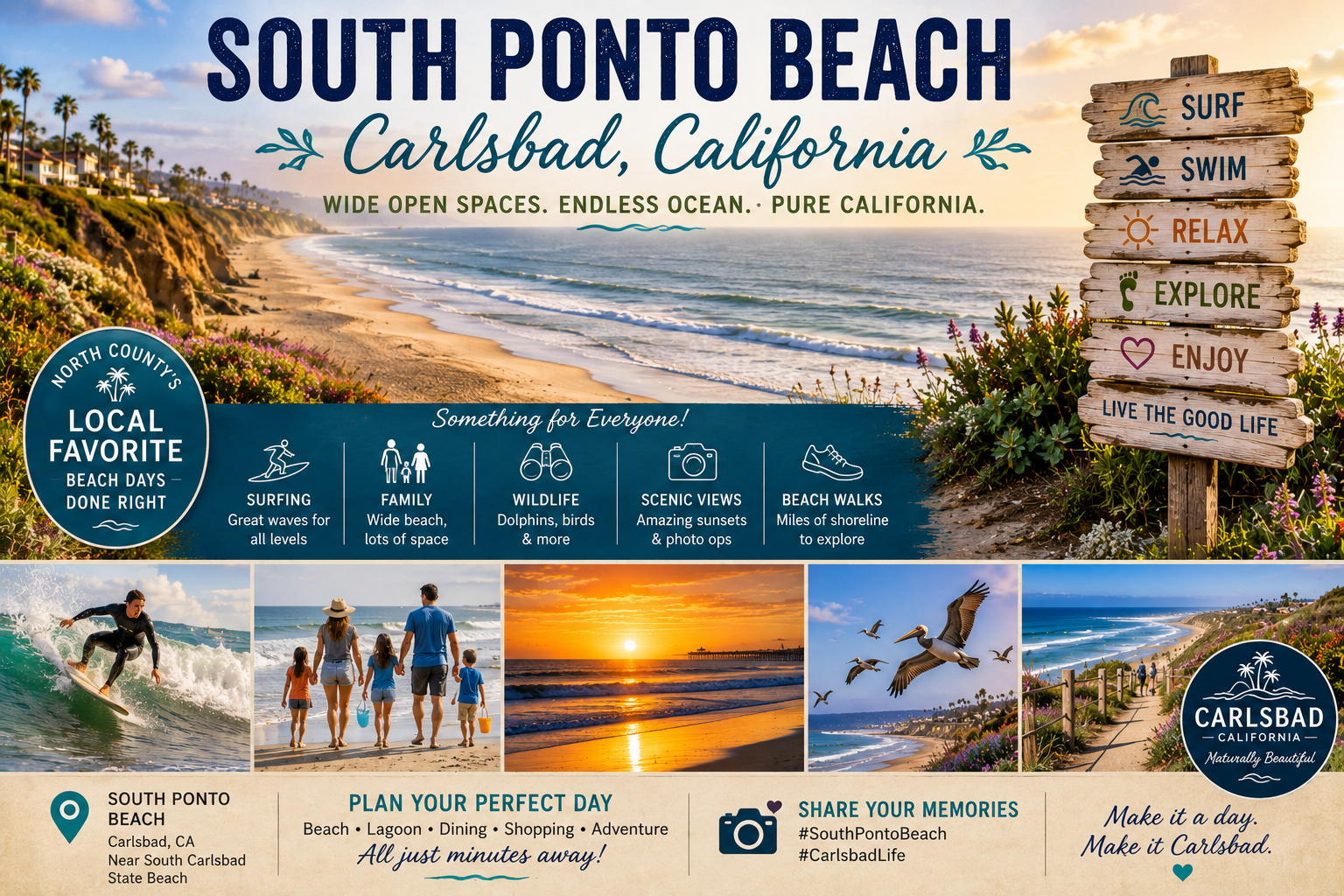 Collage promoting South Ponto Beach, Carlsbad, with images of activities and a sunset view.